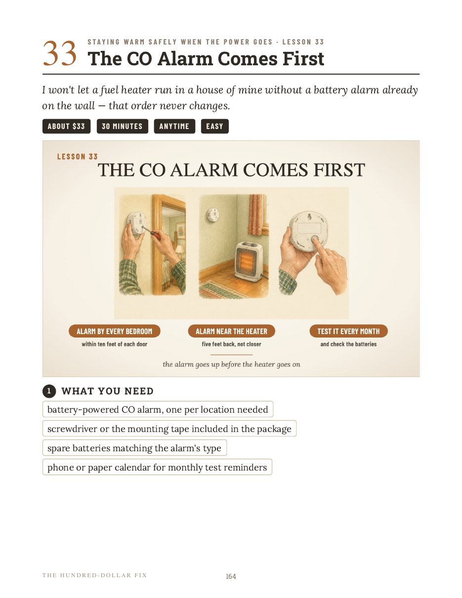 Lesson 33, the CO alarm comes first